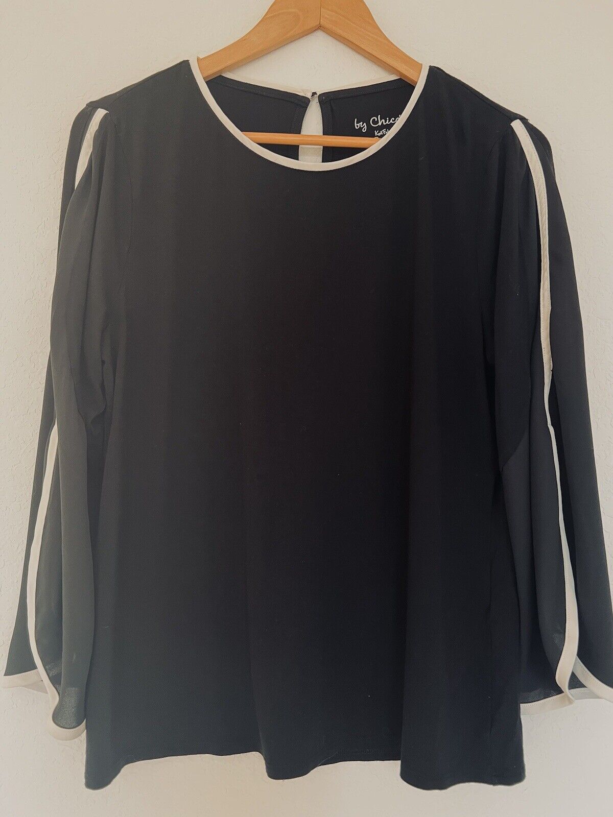 CHICO’S Black 3/4 Sleeve Black Blouse Sz 8-10 White Trim Chiffon Sheer Career