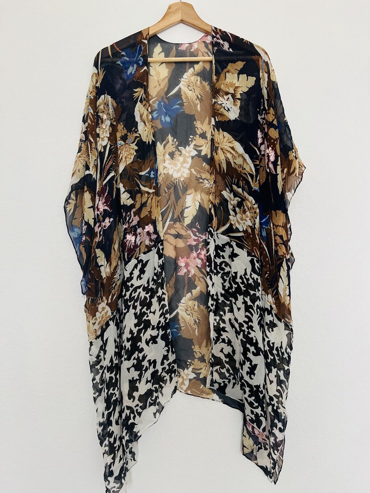 UNBRANDED 100% Silk Mix Floral Print Kimono Sequins/Beaded Detail Boho