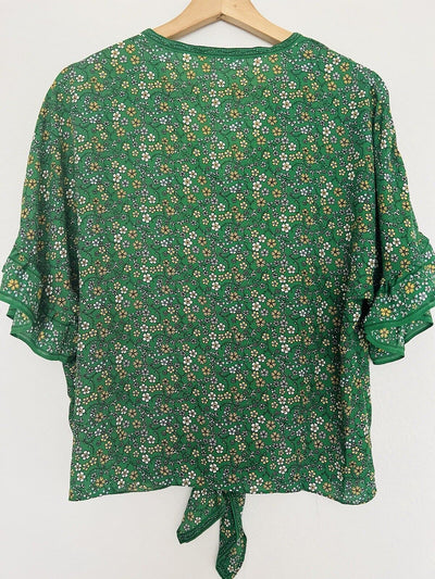 MAX STUDIO Floral Pattern Blouse Sz S V-Neck Button Tie Ruffle Crop Sleeve Boho