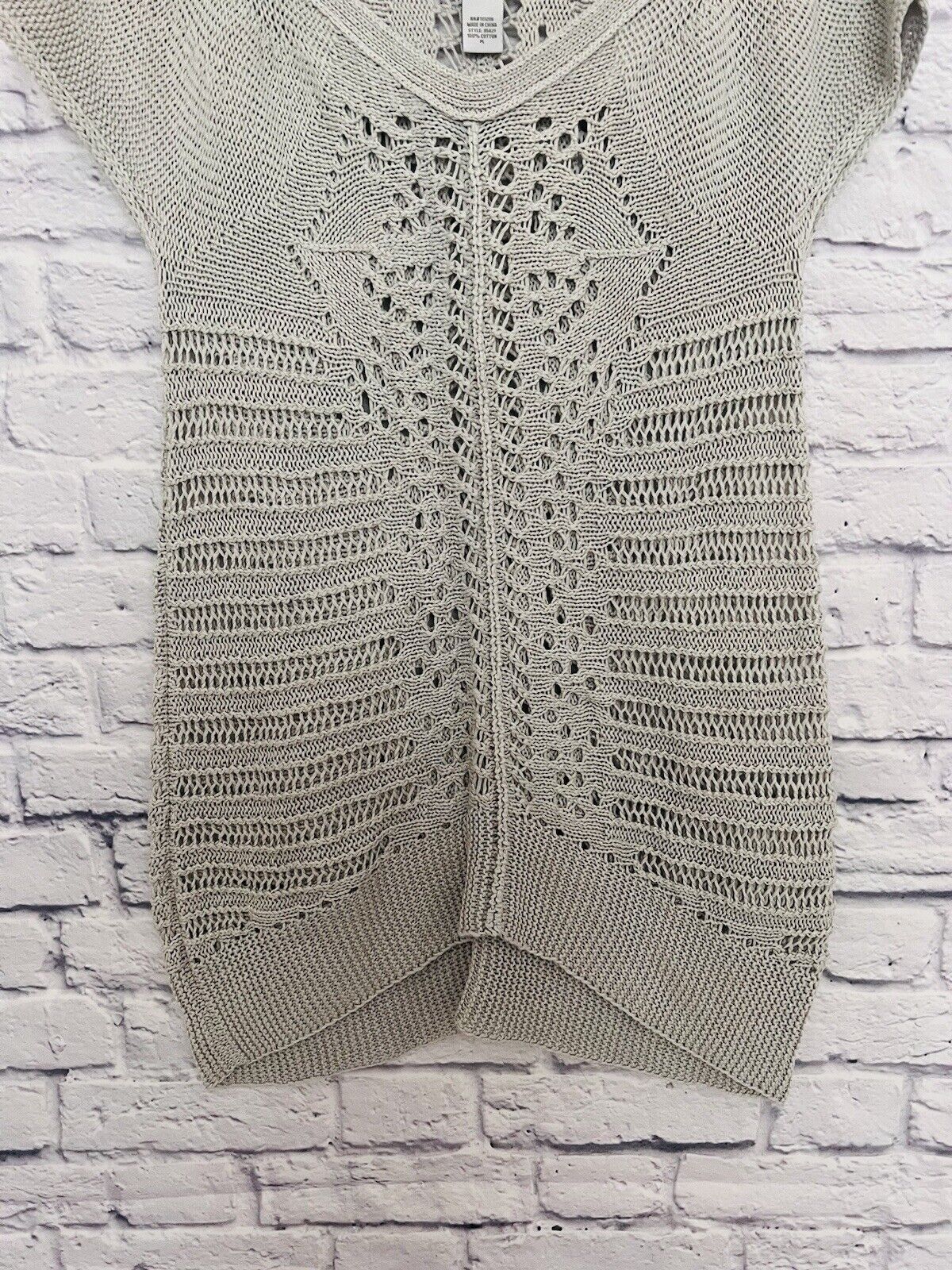 SOFT SURROUNDINGS Crochet Sweater Sz Petite L Gray Short Sleeve Open Knit Long