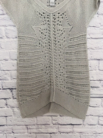 SOFT SURROUNDINGS Crochet Sweater Sz Petite L Gray Short Sleeve Open Knit Long