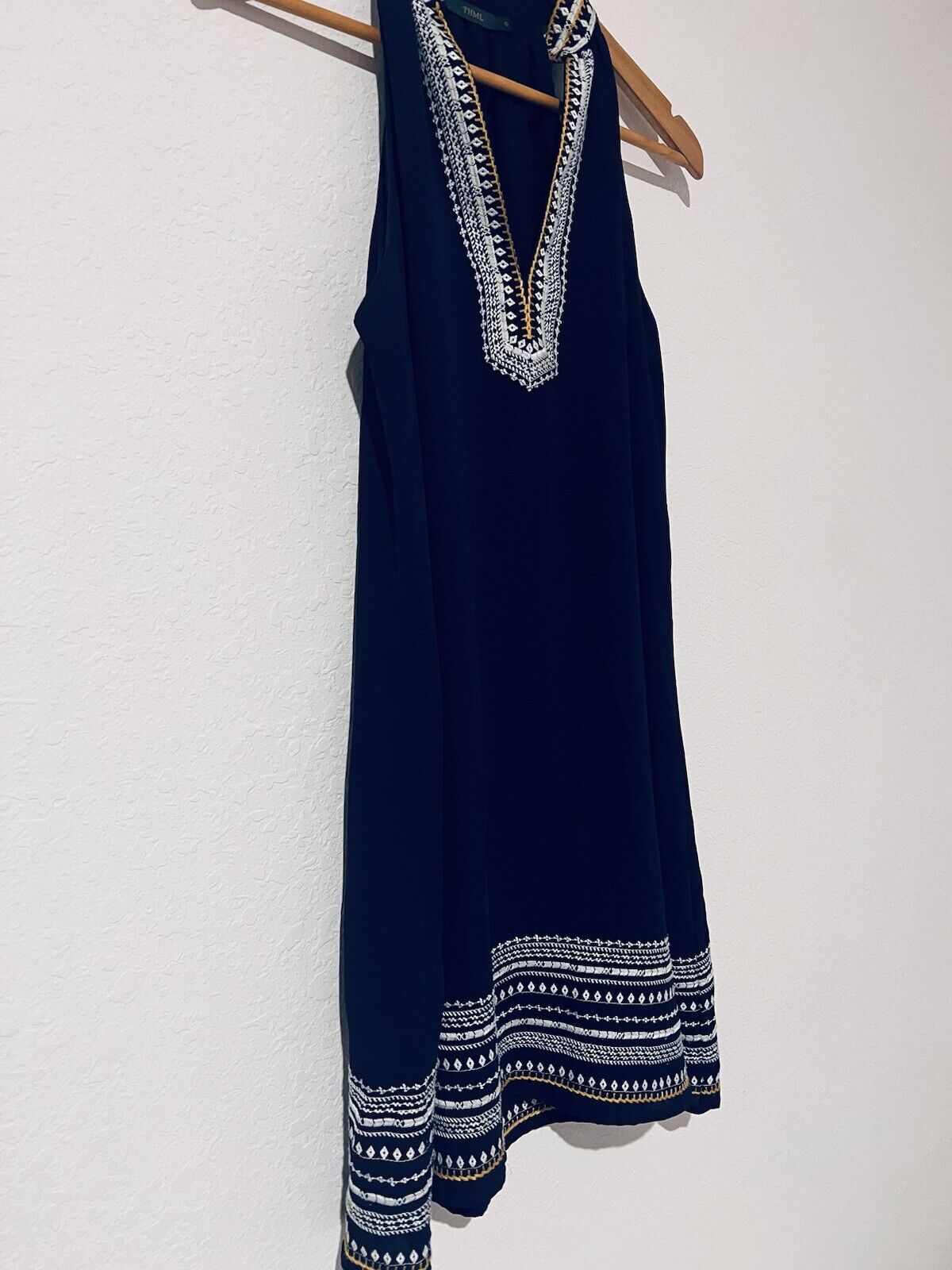 THML Womens Embroidered Navy Dress Sz S Sleeveless Knee Length