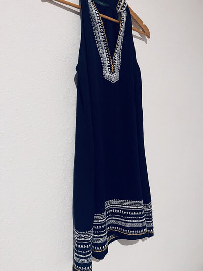 THML Womens Embroidered Navy Dress Sz S Sleeveless Knee Length