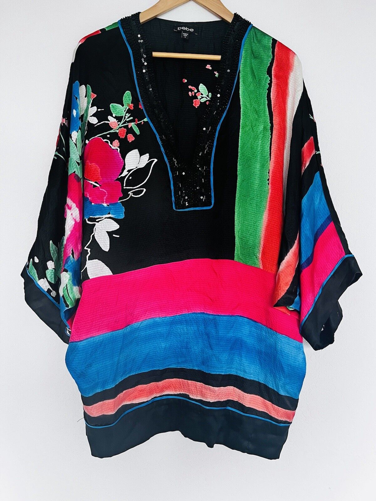 BEBE 100% Silk Embellished Tunic Dress  Sz MColorful Bat Sleeves Flowy Artsy 90s