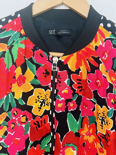 ZARA TRF Collection Floral Polka Dot Bomber Jacket Sz S Red Long Sleeve Y2K 90s