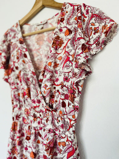 KNOX ROSE Floral V Neck Shift Dress Sz XS Red Midi Boho Romantic Peasant