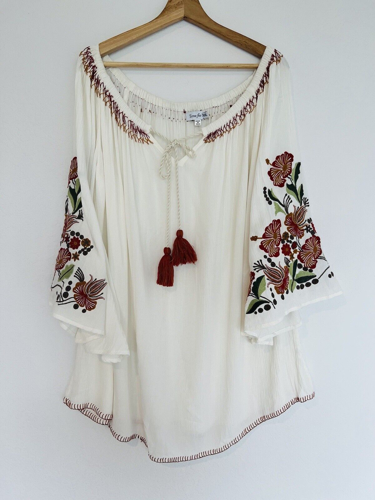 TIME FOR ME Embroidered Gauzy Top Sz XXL Ivory Bell Sleeve Peasant Blouse Tassel
