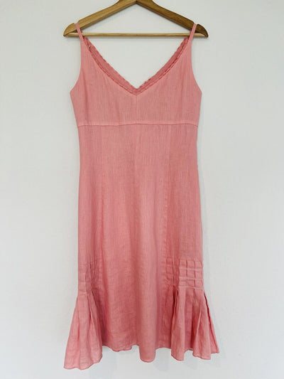 ANN TAYLOR 100% Linen Coral Slip Dress Sz Pleated V-Neck A-Line Minimalist