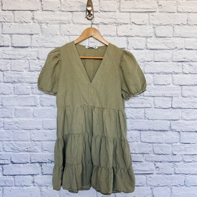 ZARA Tiered Olive Dress Sz M Puff Sleeve Linen Blend Khaki Boho Western Tunic