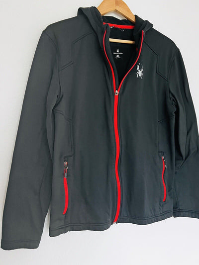 Spyder Mens Black HydroWeb Waterproof Sz M Zip Front Soft Shell Hooded Jacket