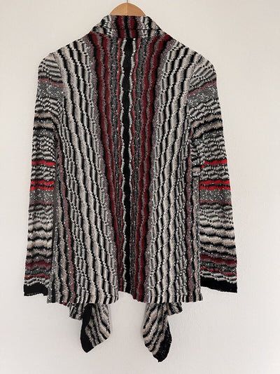 NIC + ZOE Linen Blend Cardigan Sweater Sz XS Stripe Drape Front Red Black Knit