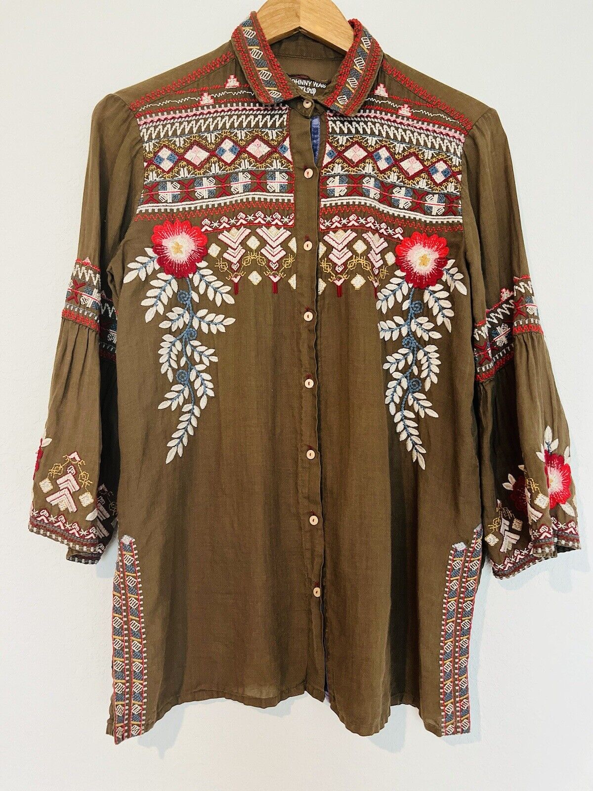 JOHNNY WAS WORKSHOP Floral Embroidered Tunic Shirt Green Bell Sleeve Boho