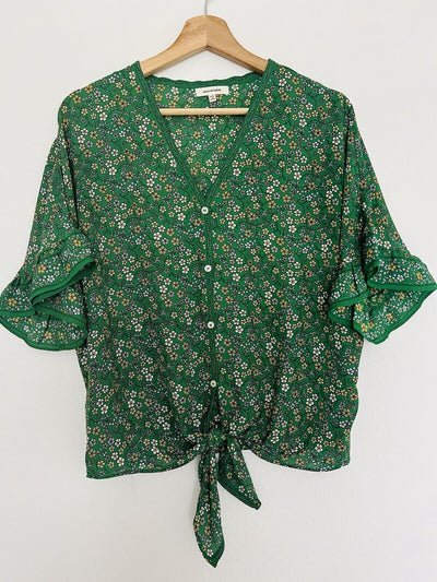 MAX STUDIO Floral Pattern Blouse Sz S V-Neck Button Tie Ruffle Crop Sleeve Boho