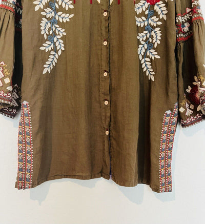 JOHNNY WAS WORKSHOP Floral Embroidered Tunic Shirt Green Bell Sleeve Boho