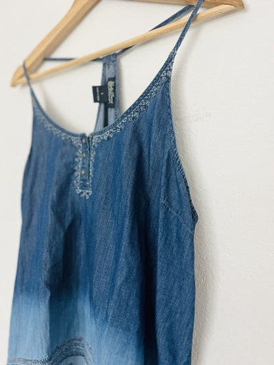 LUCKY BRAND Ombré Embroidered Denim Tank Top Sz L Spaghetti Strap Boho Western
