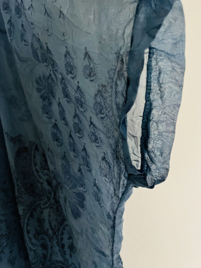 AMBRA 100% Silk Floral Tunic Blouse 3/4 Sleeve Blue Paisley Poncho Style Boho