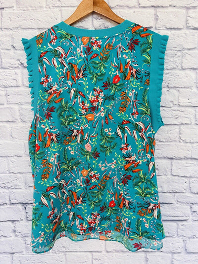 SKIES ARE BLUE Women Sleeveless Top Sz 3X Floral Print Mix Media Ruffle Blouse
