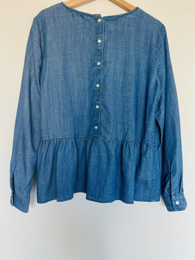 LOFT Chambray Linen Blend Blouse Sz M Button Back Peplum Top Long Sleeve Boho