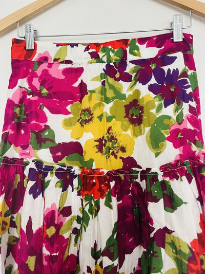 SUNDANCE Full Floral Maxi Skirt Sz S Pink Cotton Tiered Lined Side Zip Boho