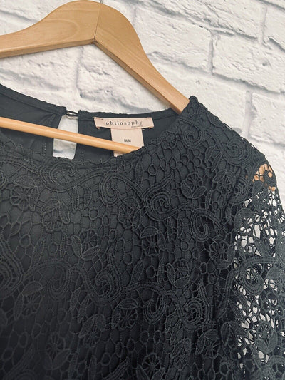 PHILOSOPHY Womens Black Lace Short Sleeve Top Lined Sz M Boho Romantic Blouse