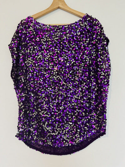 LUDI Sequins Cap Sleeve Blouse Sz M Purple Lined Shiny Party Dance Glitzy Formal