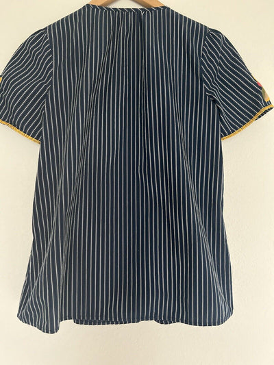 MADEWELL Navy Blue Stripe Top Sz XS Embroidered Floral Blouse Boho Hippie Style