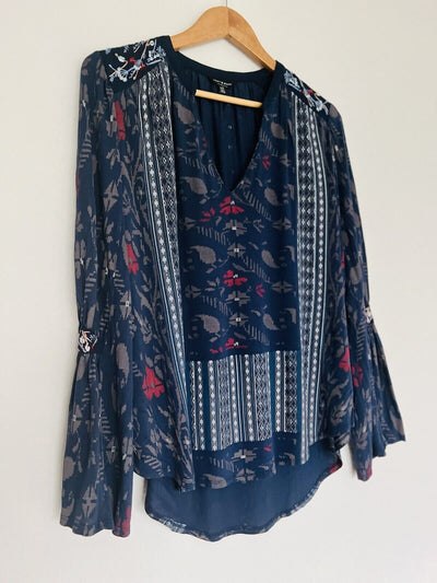 LUCKY BRAND Bell Sleeve Blouse Boho Floral Striped Pullover Top Hi-Low Tunic