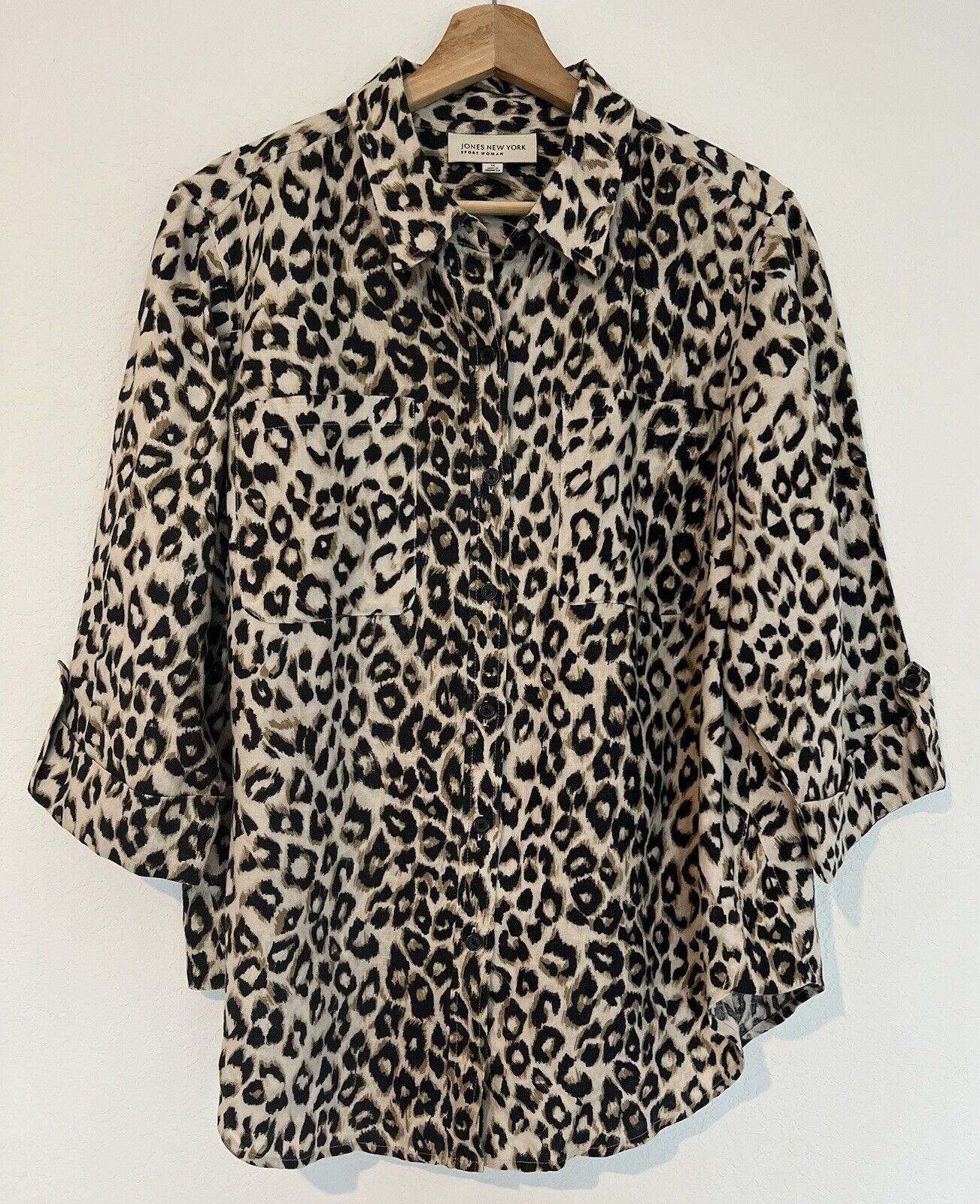 JONES NEW YORK Animal Leopard Print Linen Shirt Tunic Sz 1X Blouse Boho