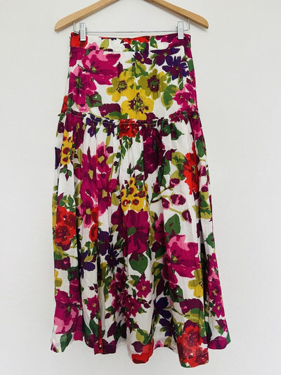 SUNDANCE Full Floral Maxi Skirt Sz S Pink Cotton Tiered Lined Side Zip Boho