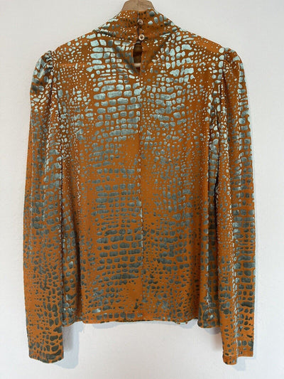 RACHEL ROY Foiled Animal Velvet Burnout Top Sz M Orange Long Sleeve High Neck