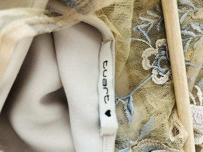 TUART Floral Lace Overlay Nude Bodysuit Sz M Pastel Blouse Embroidery Boho Fairy