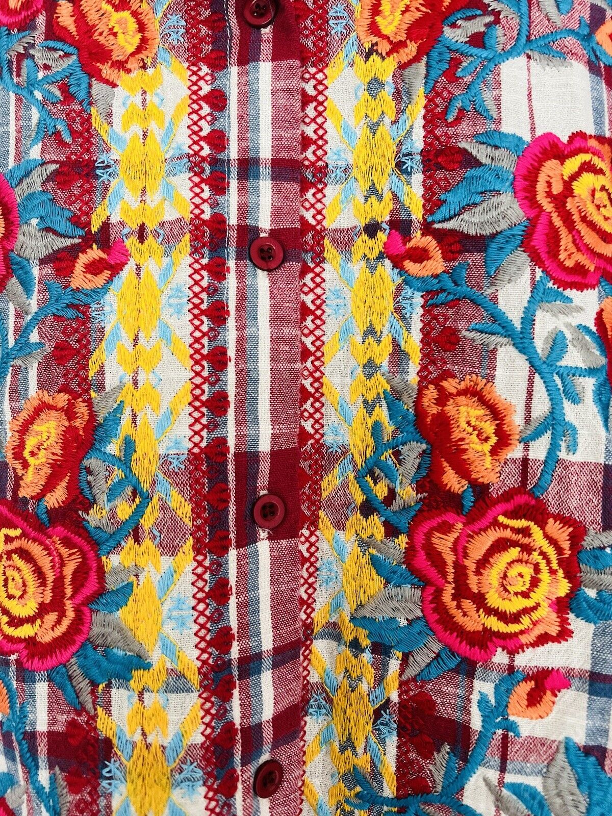 SAVANNA JANE Red Plaid Button Down Shirt Sz M Embroidered Roll Tab Sleeve Boho