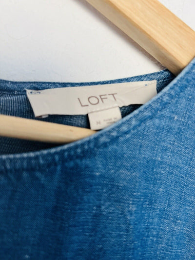 LOFT Chambray Linen Blend Blouse Sz M Button Back Peplum Top Long Sleeve Boho