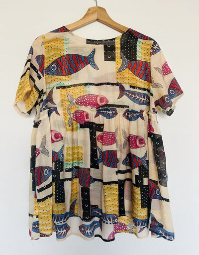 UNBRANDED Boho Style Fish Printed Babydoll Tunic Sheer Colorful Pullover