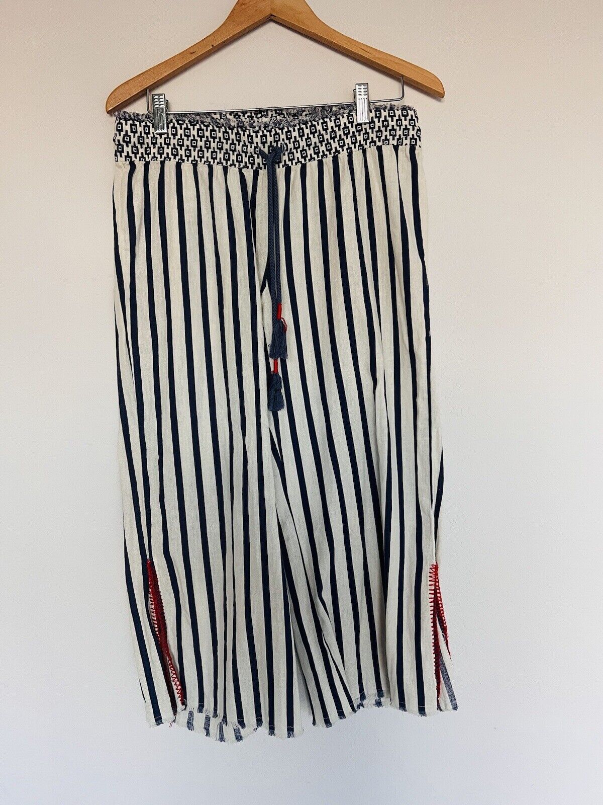 INDIGO REIN Capri Pull-up Pants Sz L Linen Wide Leg HiRise Hipster Striped Relax