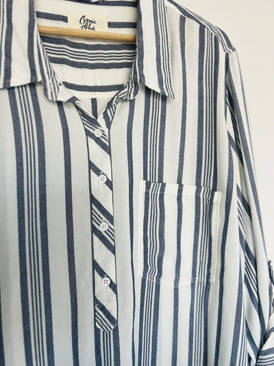 COSMOC BLUE LOVE Button Down Shirt Sz 3X Striped Blue/White Long Sleeve Classic