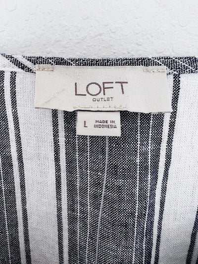 LOFT NWT Linen Blend Wide Leg Jumpsuit Sz L Khaki Blue Striped Minimalist Boho