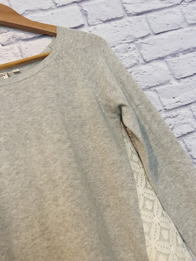 ANTHROPOLOGIE Seen Worn Kept Gray Knit Sweater Sz S Cream Lace Back Boho