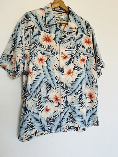Caribbean Pure Silk Hawaiian Shirt 100% Silk Sz L Blue
