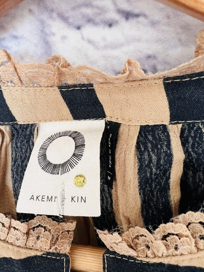 ANTHROPOLOGIE AKEMI+KIN Womens Manuela Blouse Sz S Striped Floral Embroidered