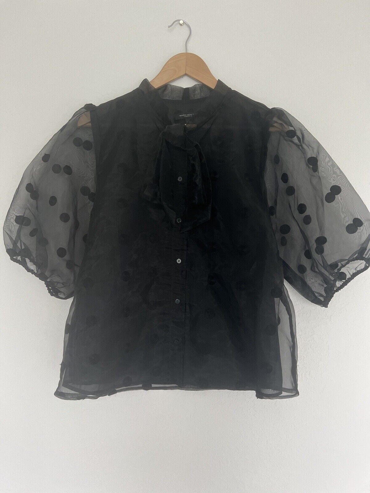 MARC NY Andrew Marc Black Top Sz L Polka Dot Puff Sheer Sleeve Tie Neck Blouse