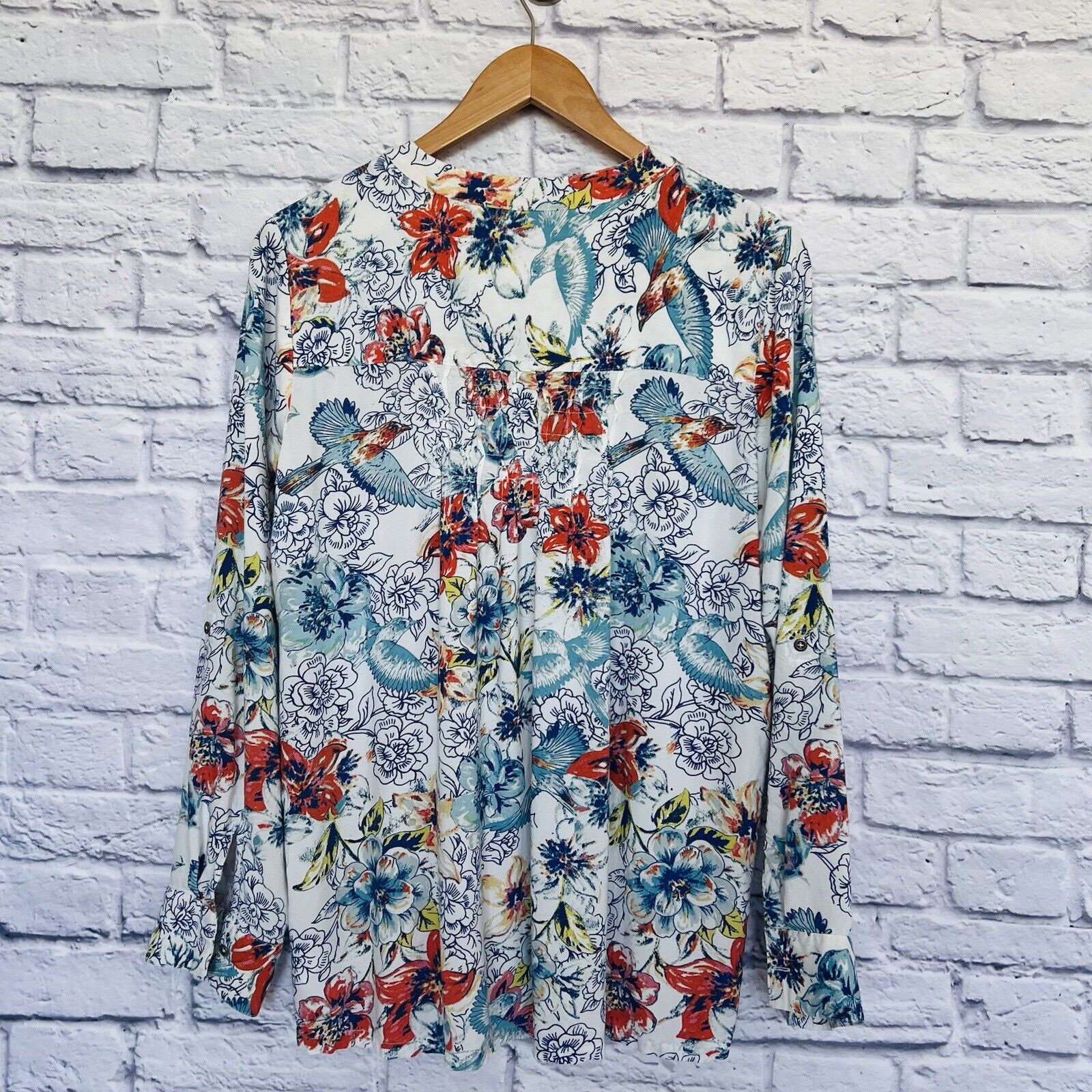 NINE WEST Womens Floral Tunic Blouse Top Sz L Long Sleeve White Flowy Boho