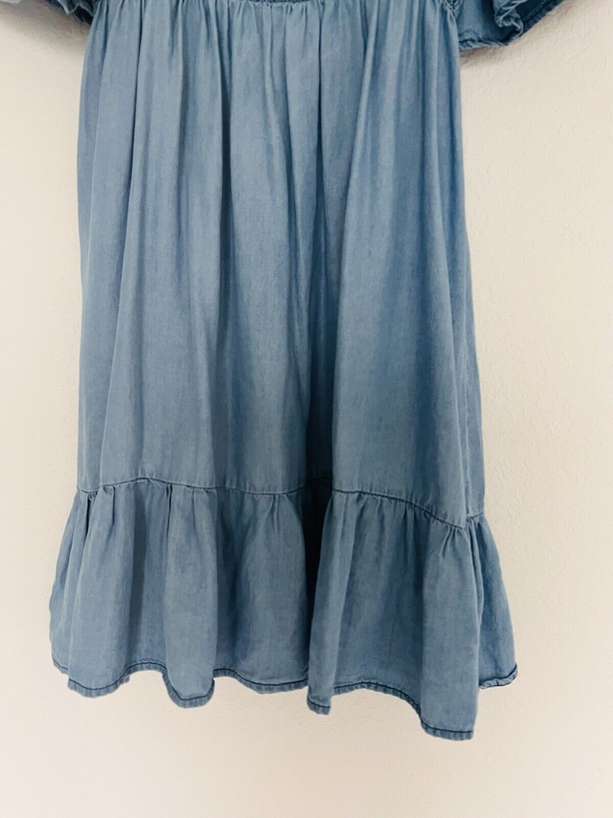 BLU PEPPER Smocked Mini Dress Sz S Tiered Puff Sleeves Tie Back Boho Western