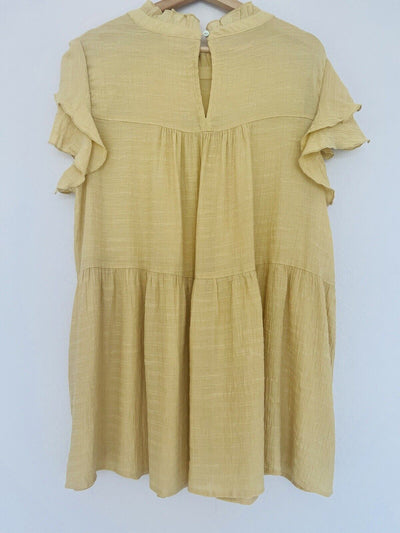 JODIFL Tiered Frilly Tunic Dress Sz 2X Mustard Color Ruffle Sleeves Collar Boho
