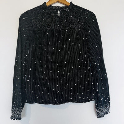LUCKY BRAND Ditsy Floral Blouse Sz S Long Sleeve Black Smocked Neck Top Boho