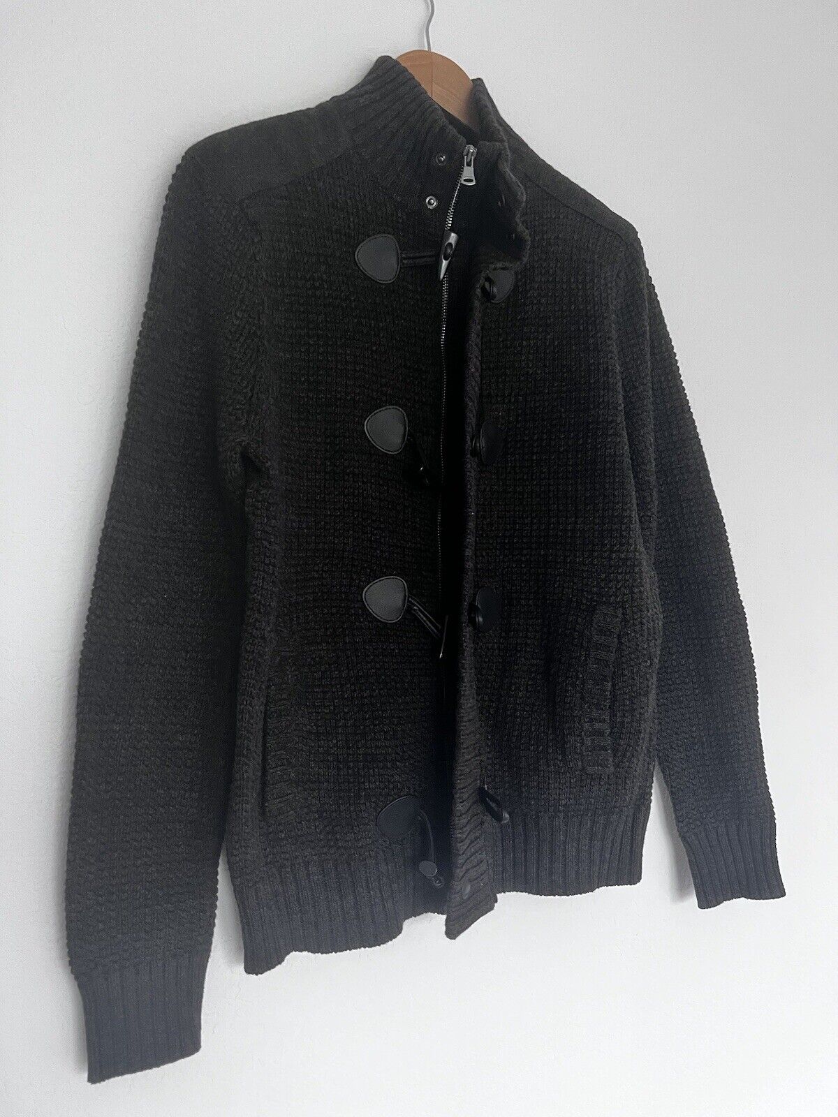 Express Mens Cardigan Sweater Sz M Brown Long Sleeve Cotton Toggle Button & Zip