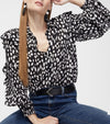 Chicos Ruffle Dot Print Top Sz M Button Up Blouse Black/White Office Career