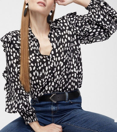 Chicos Ruffle Dot Print Top Sz M Button Up Blouse Black/White Office Career