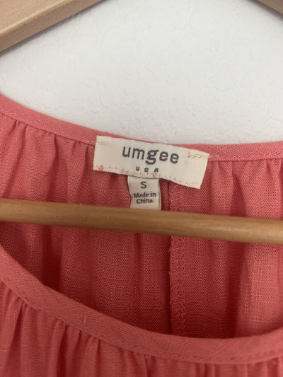 UMGEE Linen Blend Tunic Top Sz S Coral Ruffled Paisley Bell Sleeve Boho