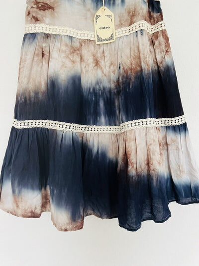 ENTRO NWT Tie Dye Tiered Tunic Dress Sz S Flowy Crochet Trim Lined Boho Western